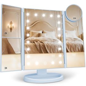 Makeup Mirror, Vanity Mirror with Lights, 2X/3X/10X Magnification, Touch Control, Trifold, Dual Power Supply, Gifts Mothers Day for Mom (Color: Blue)