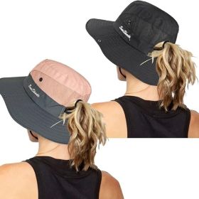 Women's Outdoor UV-Protection-Foldable Sun-Hats Mesh Wide-Brim Beach Fishing Hat with Ponytail-Hole (Color: Pink+black)