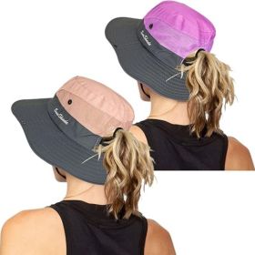 Women's Outdoor UV-Protection-Foldable Sun-Hats Mesh Wide-Brim Beach Fishing Hat with Ponytail-Hole (Color: Pink+purple)