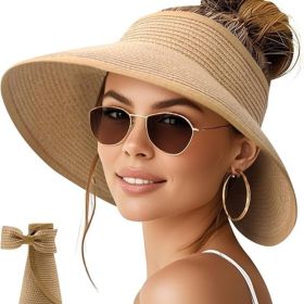 Sun Visor Hats for Women Wide Brim Ponytail Straw Beach Hat Packable Foldable UPF 50+ Floppy Travel Hats (Color: Pure Khaki  Visor)